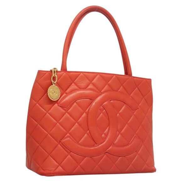 CHANEL Tote Bag Lamb Skin Orange Gold CC Auth - Picture 1 of 16